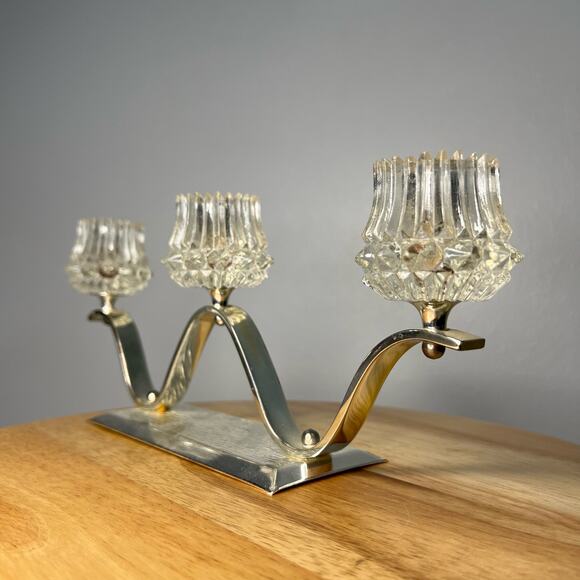 Vintage Western Germany 3 Candle Candelabra Crystal Metal - Picture 3 of 12